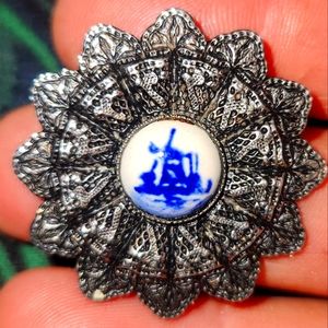 Vintage Holland Delft Blue Windmill Round Pin Brooch